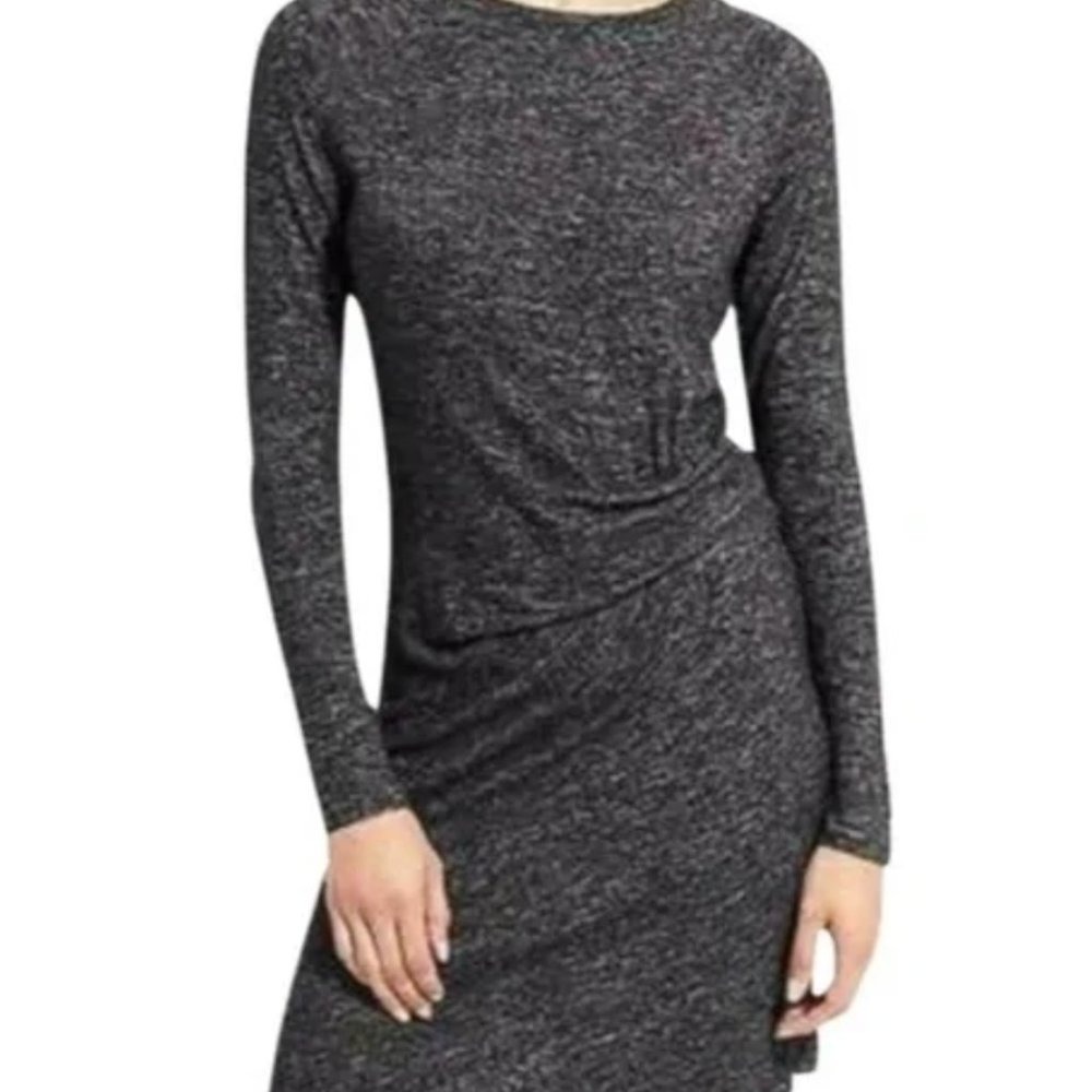 Athleta Solitude Ruched Waste Long Sleeve Dark Gray Dress SZS Soft and‎ Comfy
